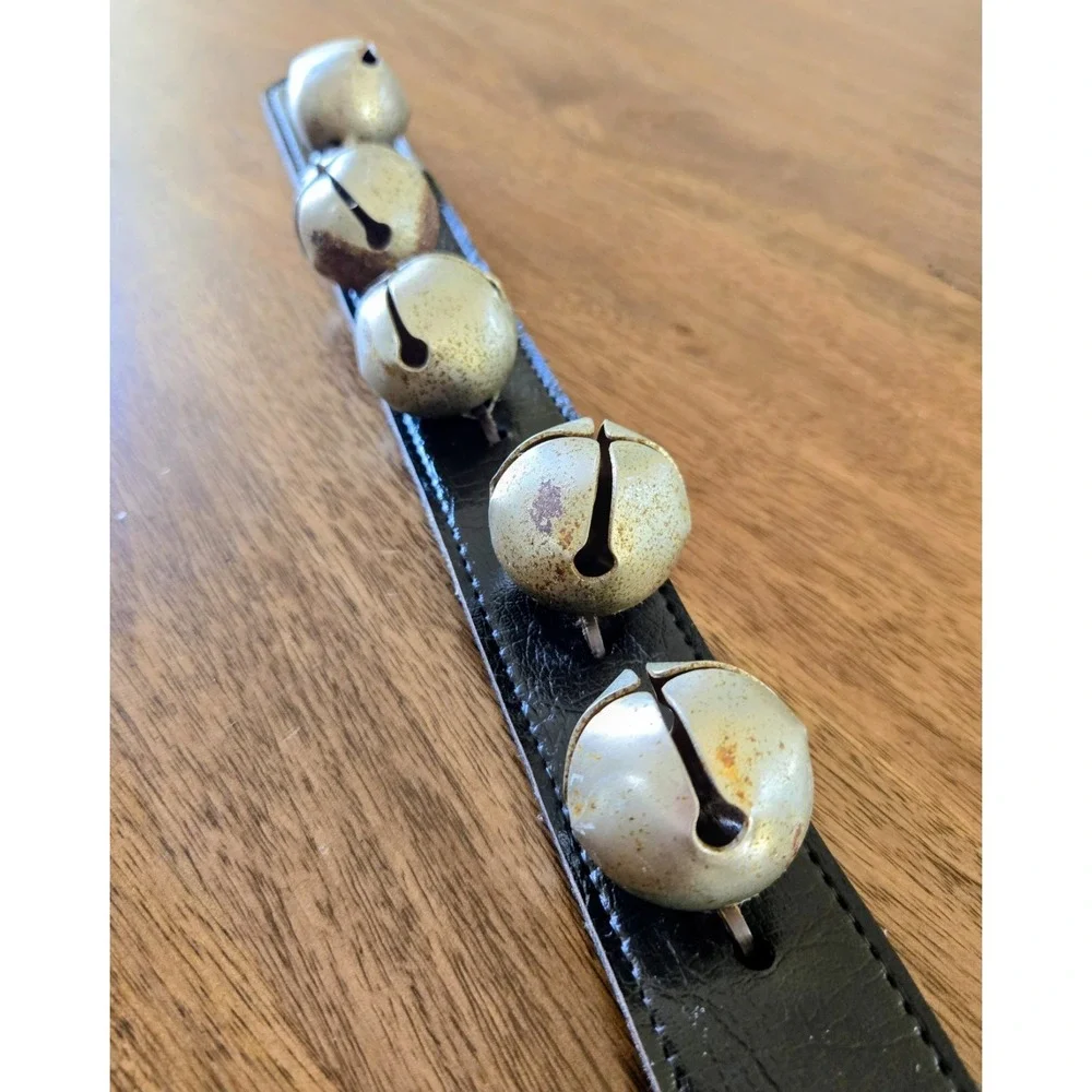 Vintage Five Silver Tone Sleigh Bells On Dark Brown Strap/Door Hanger Decoration